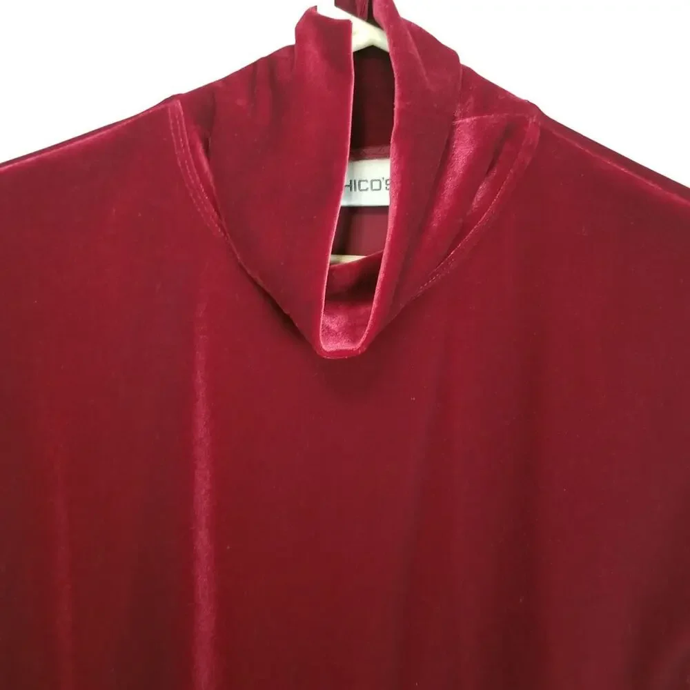 Chicos Aspen Red Velvet Mock Neck Top Sz M Classic Stretch Holiday Wedding Guest